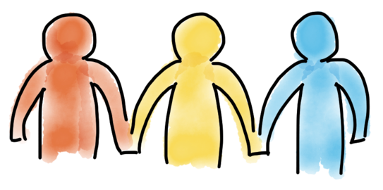 Zeichnung: 3 verschiedenfarbige menschliche Umrisse (Orange, Gelb, Blau), die sich an den Händen halten