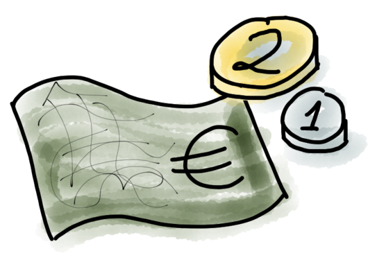 Zeichnung: Geld. Ein Schein mit € und ein und zwei Euro Münze