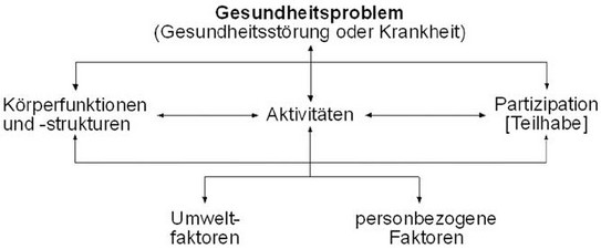 Internationale Klassifikation der Funktionsfähigkeit, Behinderung und Gesundheit (WHO 2005, S. 23).  Die sechs ICF-Komponenten: Aktivitäten, Körperfunktionen/-strukturen, Partizipation, Gesundheitsprobleme, Umweltfaktoren und personbezogene Faktoren. Die Abbildung verdeutlicht die dynamische Interaktikon der Komponenten. Die Funktionsfähigkeit einer Domäne wird in der konkreten Lebenssituation betrachtet. So resultiert sie aus einer Wechselwirkung zwischen Gesundheitsproblemen und Kontextfaktoren. Interventionen bezüglich einer Komponente können alle anderen Komponenten verändern (ICF 2005, S. 23; Stewart / Rosenbaum 2003). 