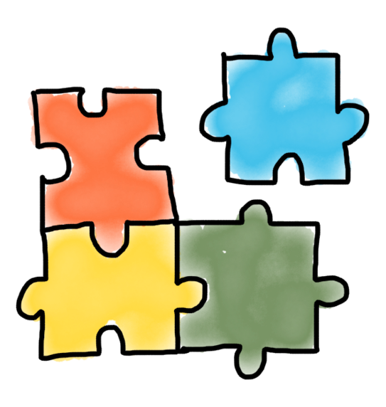 Zeichnung: Drei verschiedenfarbige zusammengefügte Puzzleteile (Orange, Gelb, Grün). Ein viertes passendes, blaues Puzzleteil ist noch nicht eingefügt